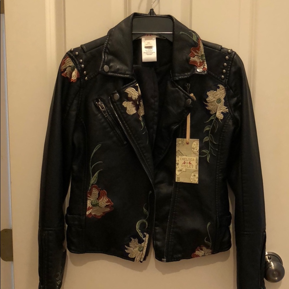 Embroidered Leather Studded Crop Jacket NWT